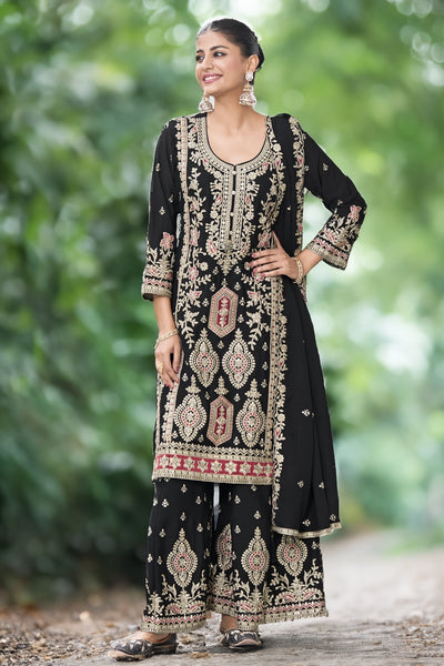 Buy Black Embellished Chinon Silk Palazzo Suit Set at PinkPhulkari 