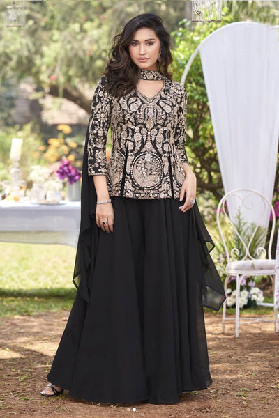 Black Georgette Indo Western Palazzo Suit With Choker Style Dupatta