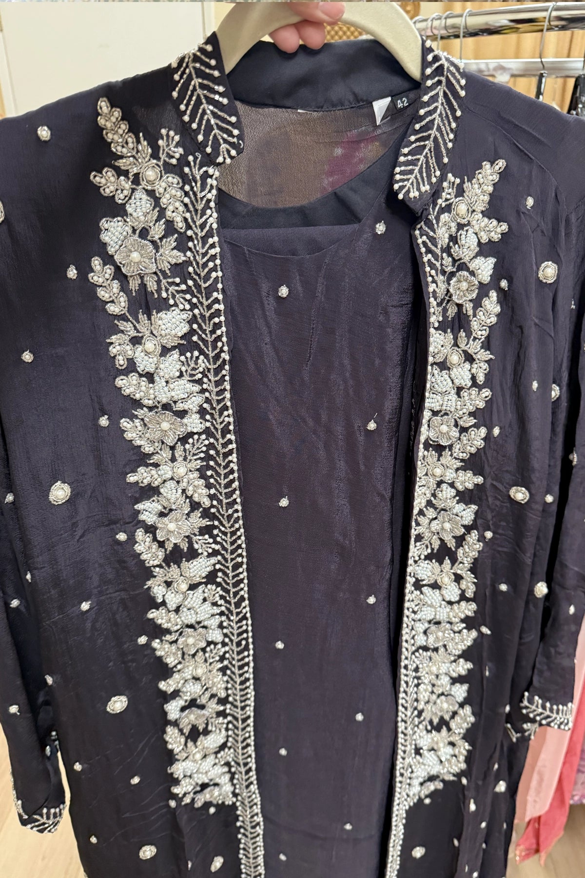 Buy Charcoal Embellished Jacket Style Kurta Set at PinkPhulkari 