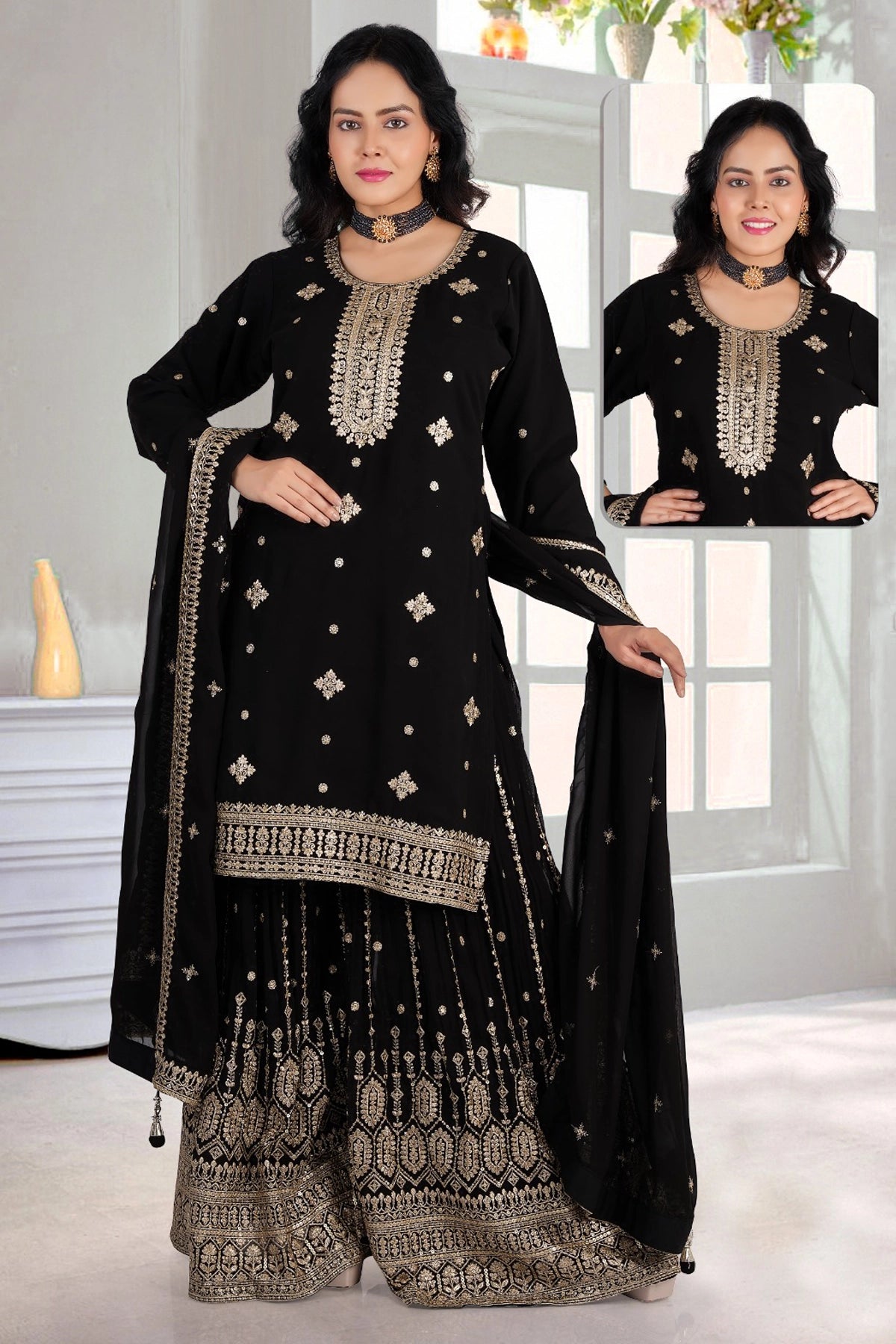 Buy Black Embroidered Georgette Sharara Style Suit at PinkPhulkari