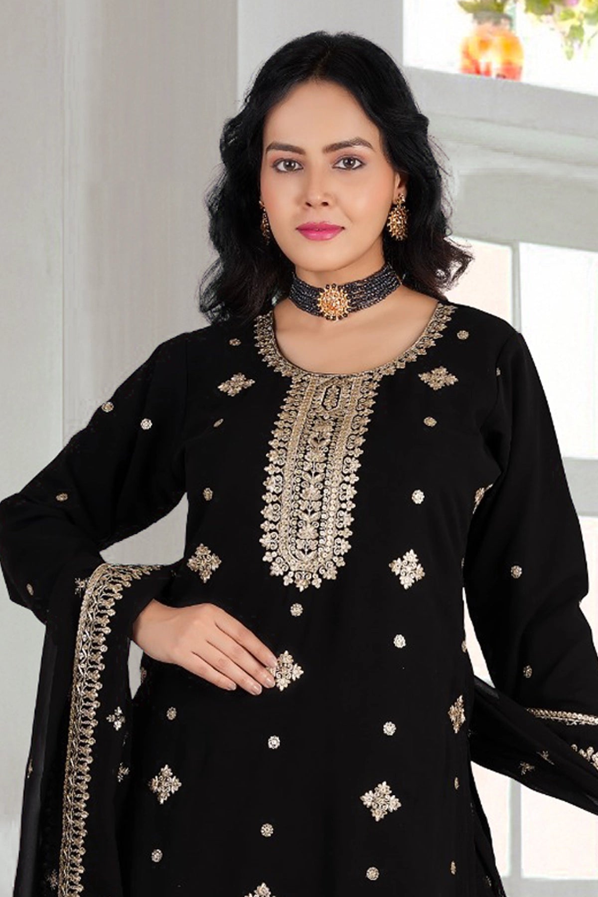 Buy Black Embroidered Georgette Sharara Style Suit at PinkPhulkari