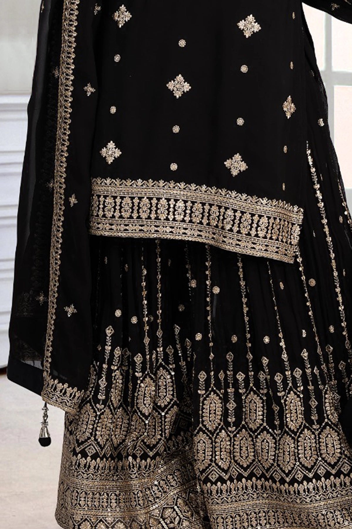 Buy Black Embroidered Georgette Sharara Style Suit at PinkPhulkari