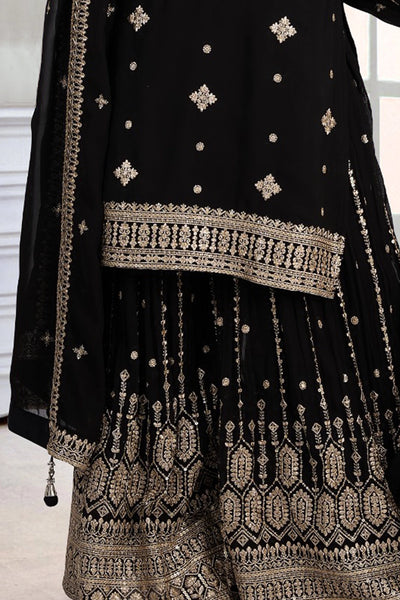 Buy Black Embroidered Georgette Sharara Style Suit at PinkPhulkariBuy Black Embroidered Georgette Sharara Style Suit at PinkPhulkari