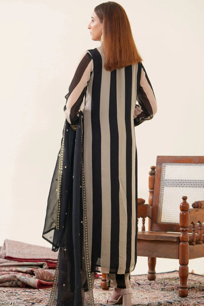 Black Organza Embroidered Stripe Pattern Kurta Pant & Dupatta SetBlack Organza Embroidered Stripe Pattern Kurta Pant & Dupatta Set