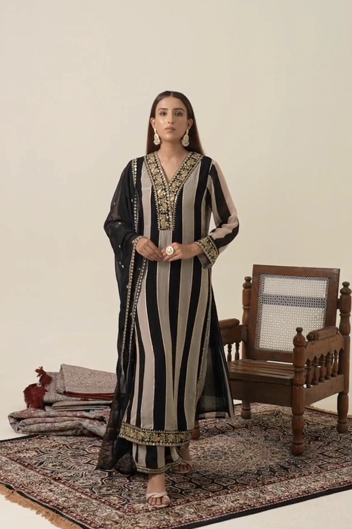 Black Organza Embroidered Stripe Pattern Kurta Pant & Dupatta Set
