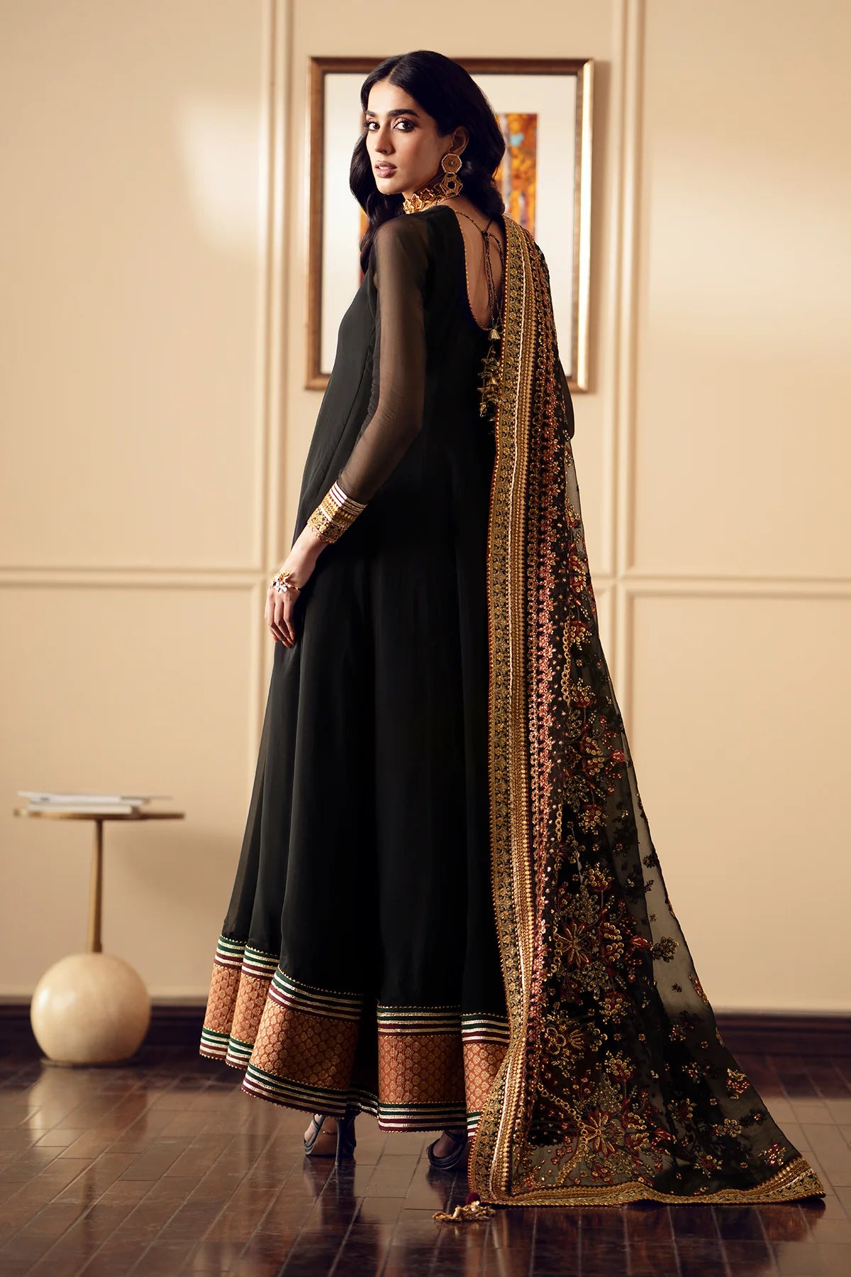 Black Embroidered Chiffon Silk Anarkali at PinkPhulkari California