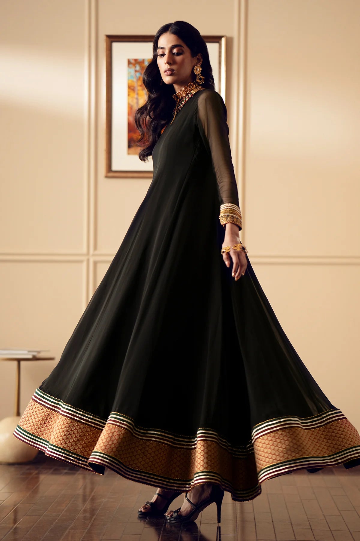 Black Embroidered Chiffon Silk Anarkali at PinkPhulkari California