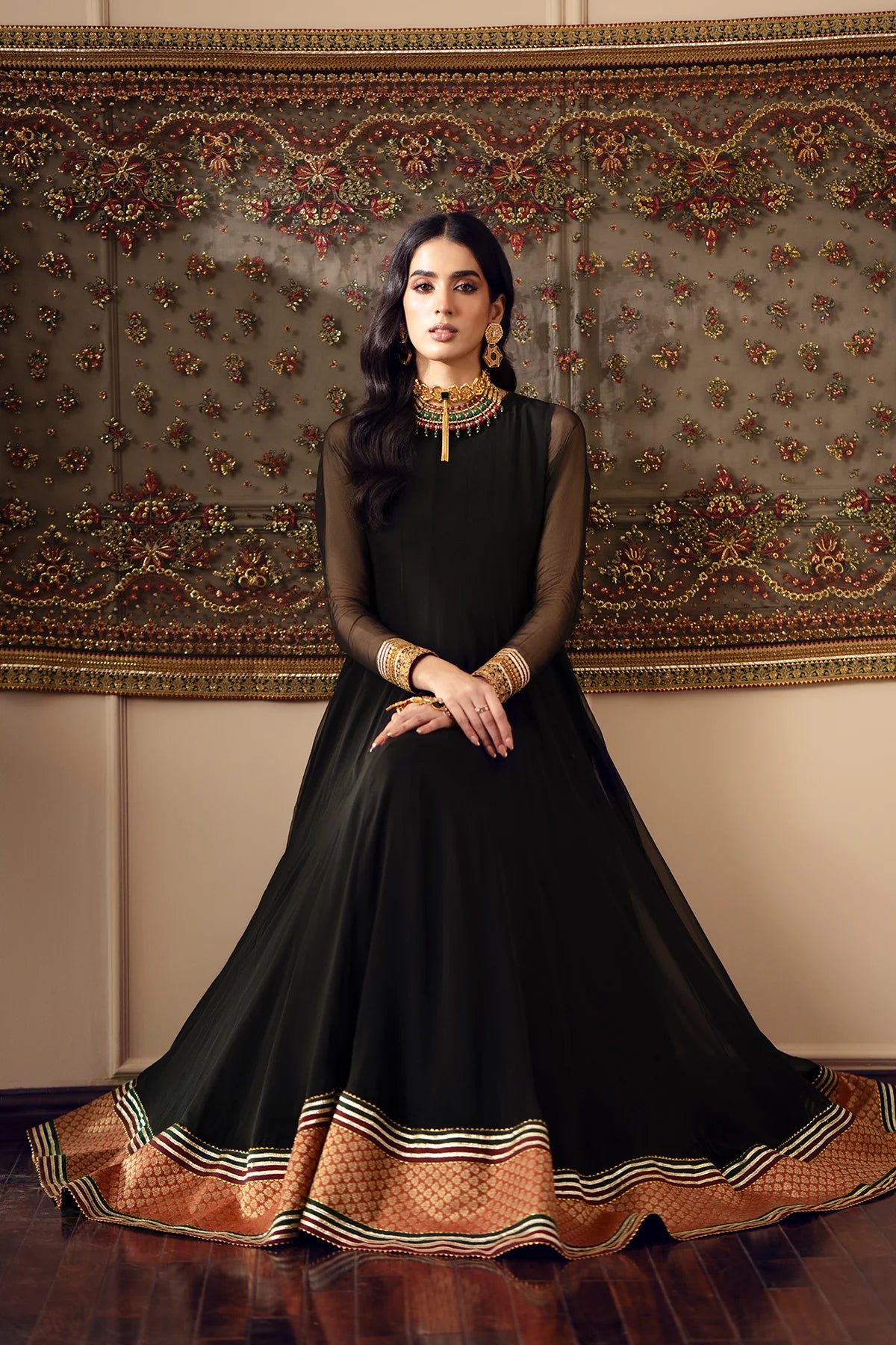 Black Embroidered Chiffon Silk Anarkali at PinkPhulkari California