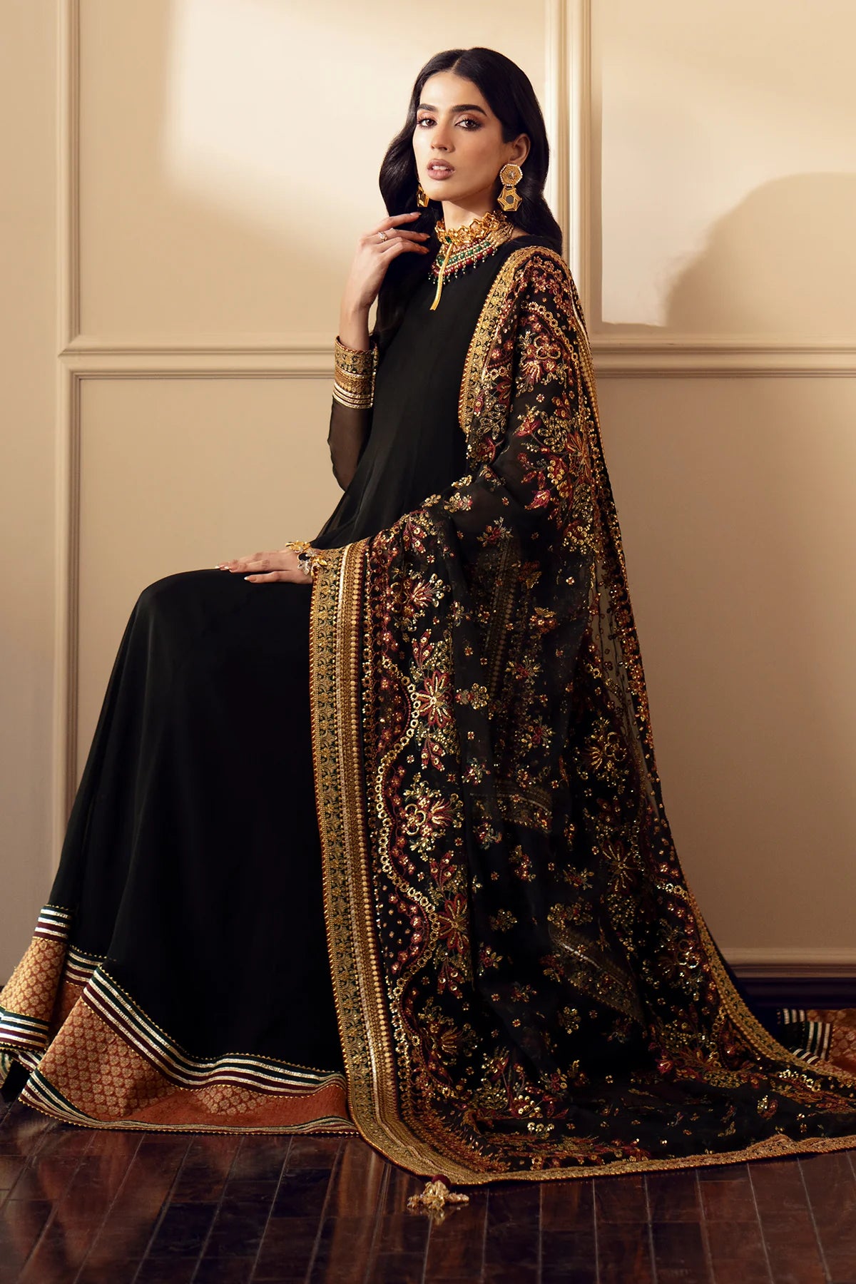 Black Embroidered Chiffon Silk Anarkali at PinkPhulkari California