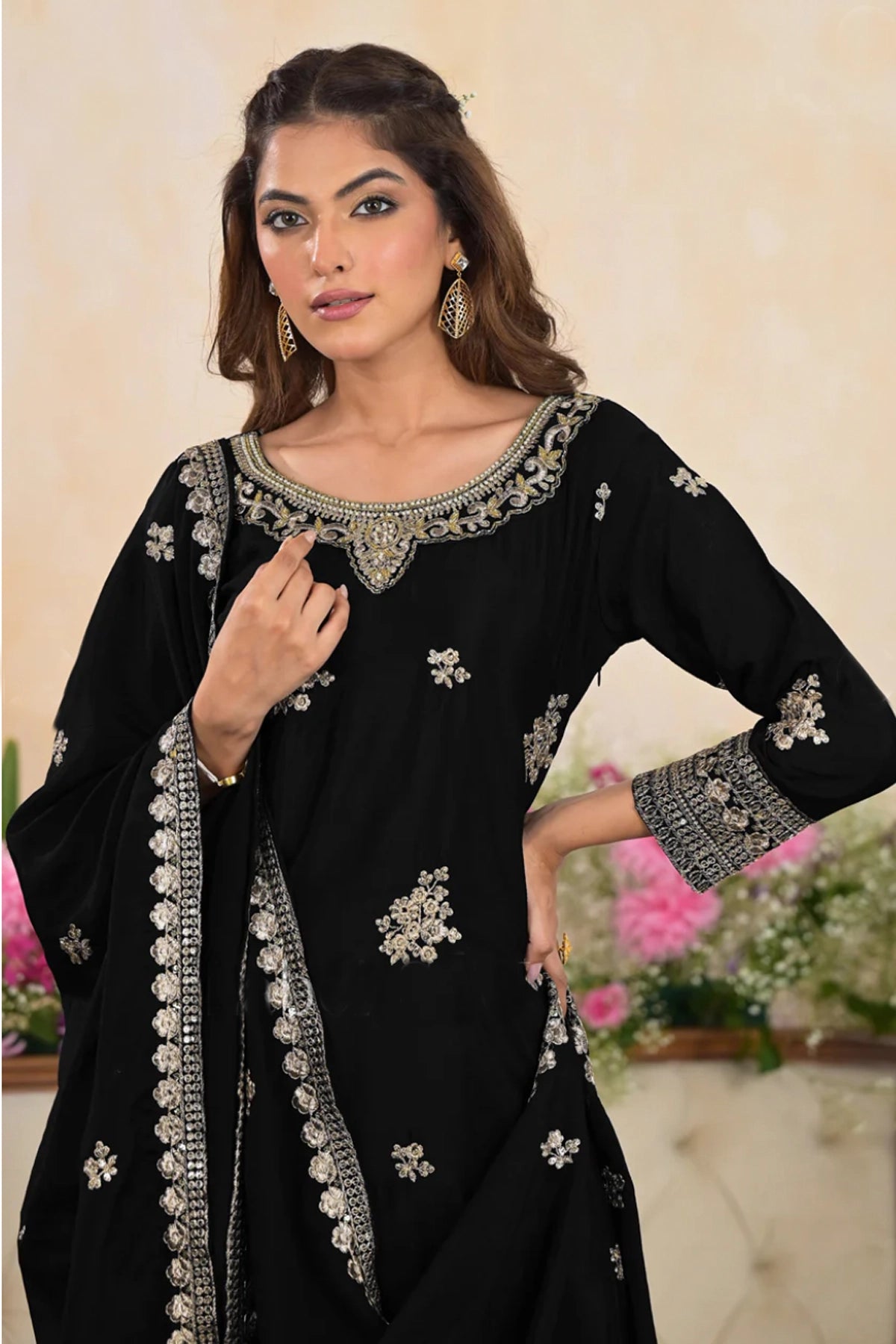 Black Chinon Embroidered Palazzo Style Suit at PinkPhulkari California