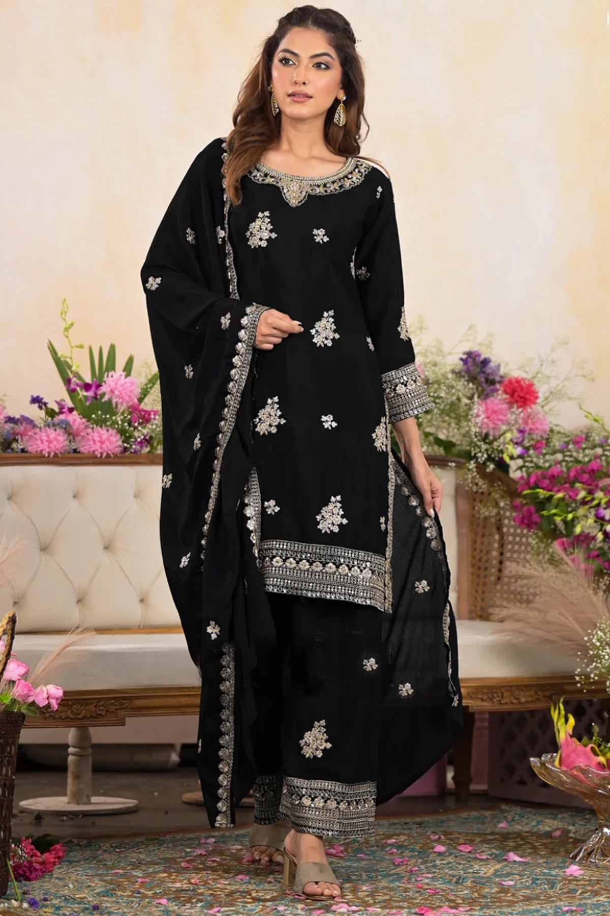 Buy Black Chinon Embroidered Palazzo Style Suit Online | PinkPhulkari ...