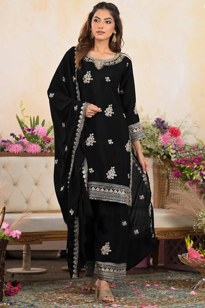 Black Chinon Embroidered Palazzo Style Suit at PinkPhulkari CaliforniaBlack Chinon Embroidered Palazzo Style Suit at PinkPhulkari California