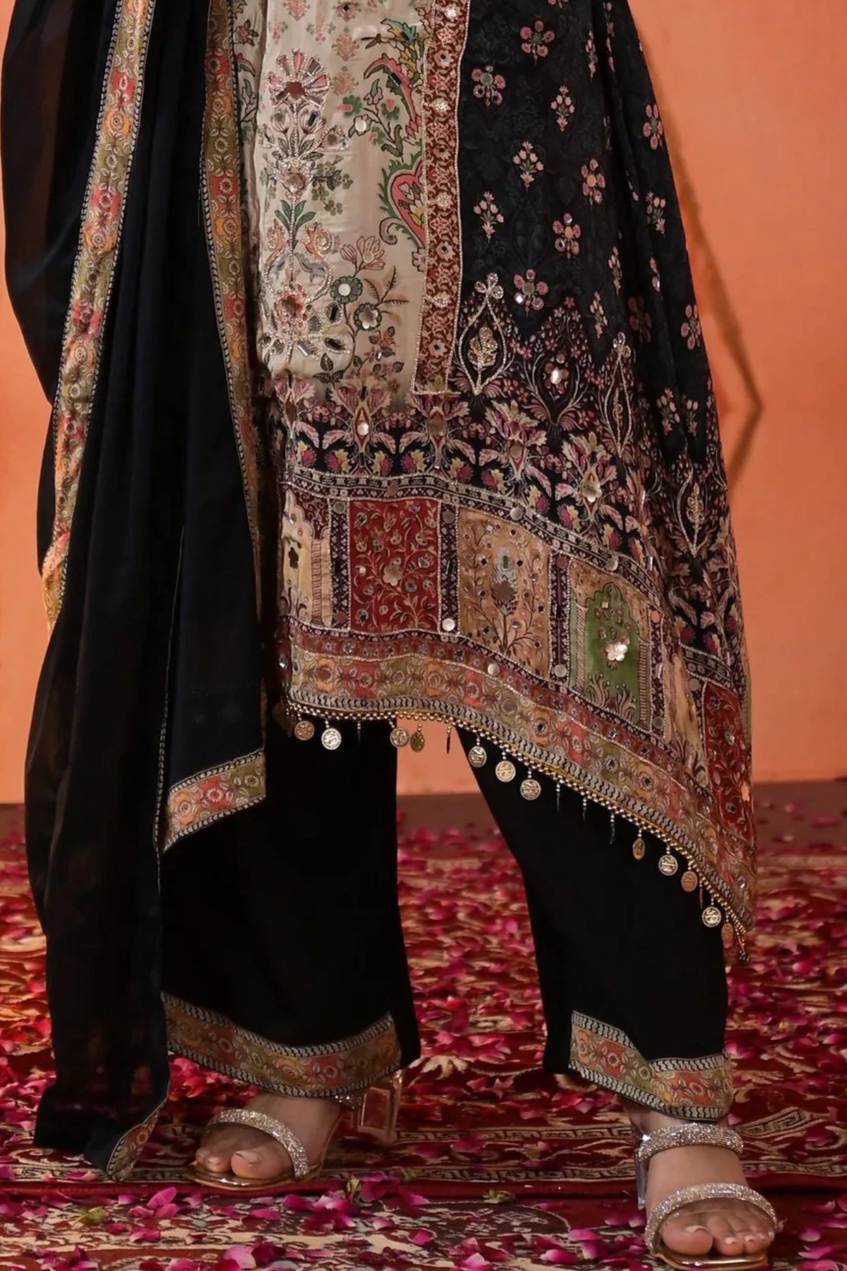 Black Crepe Silk Printed Palazzo Style Suit at PinkPhulkari California