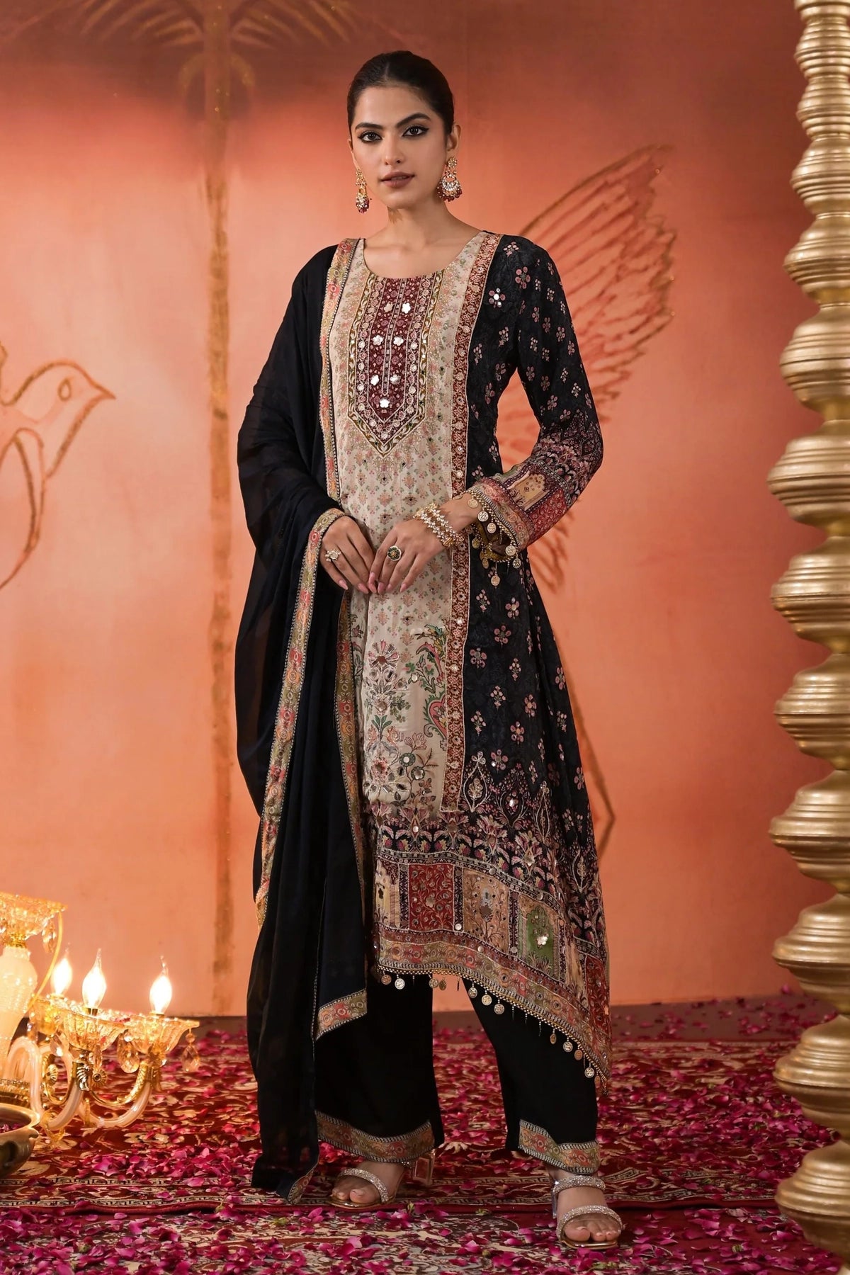 Black Crepe Silk Printed Palazzo Style Suit at PinkPhulkari California