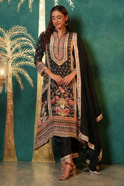  Black Crepe Silk Printed Palazzo Style Suit 