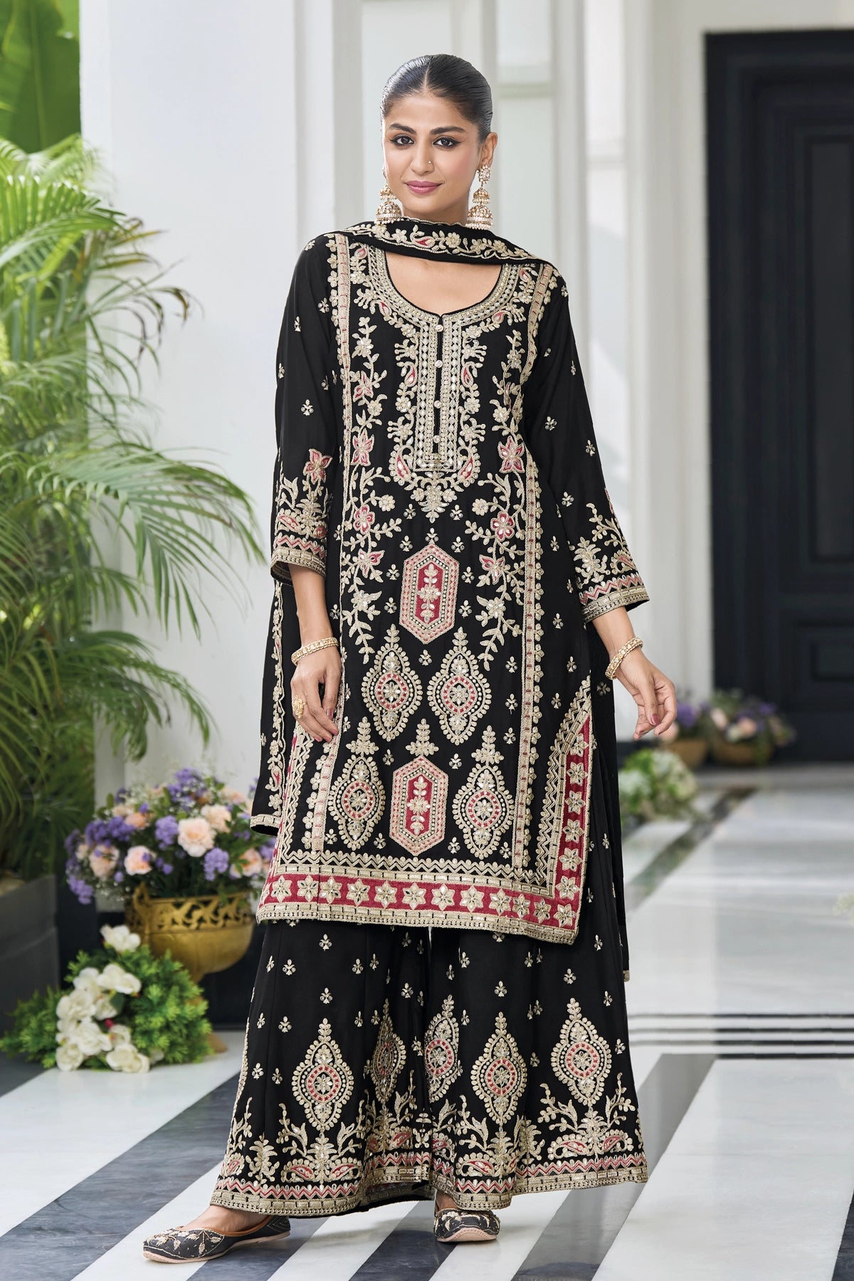 Buy Black Embellished Chinon Silk Palazzo Suit Set at PinkPhulkari 