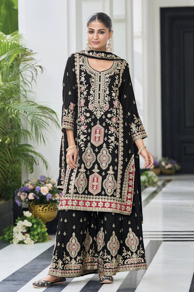 Buy Black Embellished Chinon Silk Palazzo Suit Set at PinkPhulkari Buy Black Embellished Chinon Silk Palazzo Suit Set at PinkPhulkari 