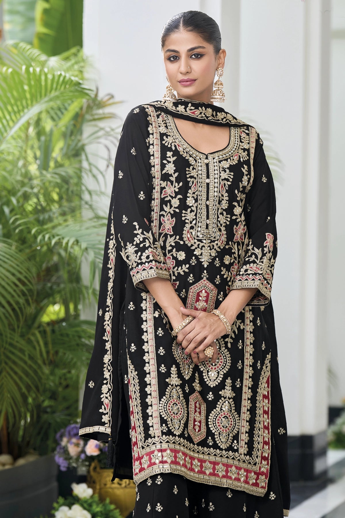 Buy Black Embellished Chinon Silk Palazzo Suit Set at PinkPhulkari 