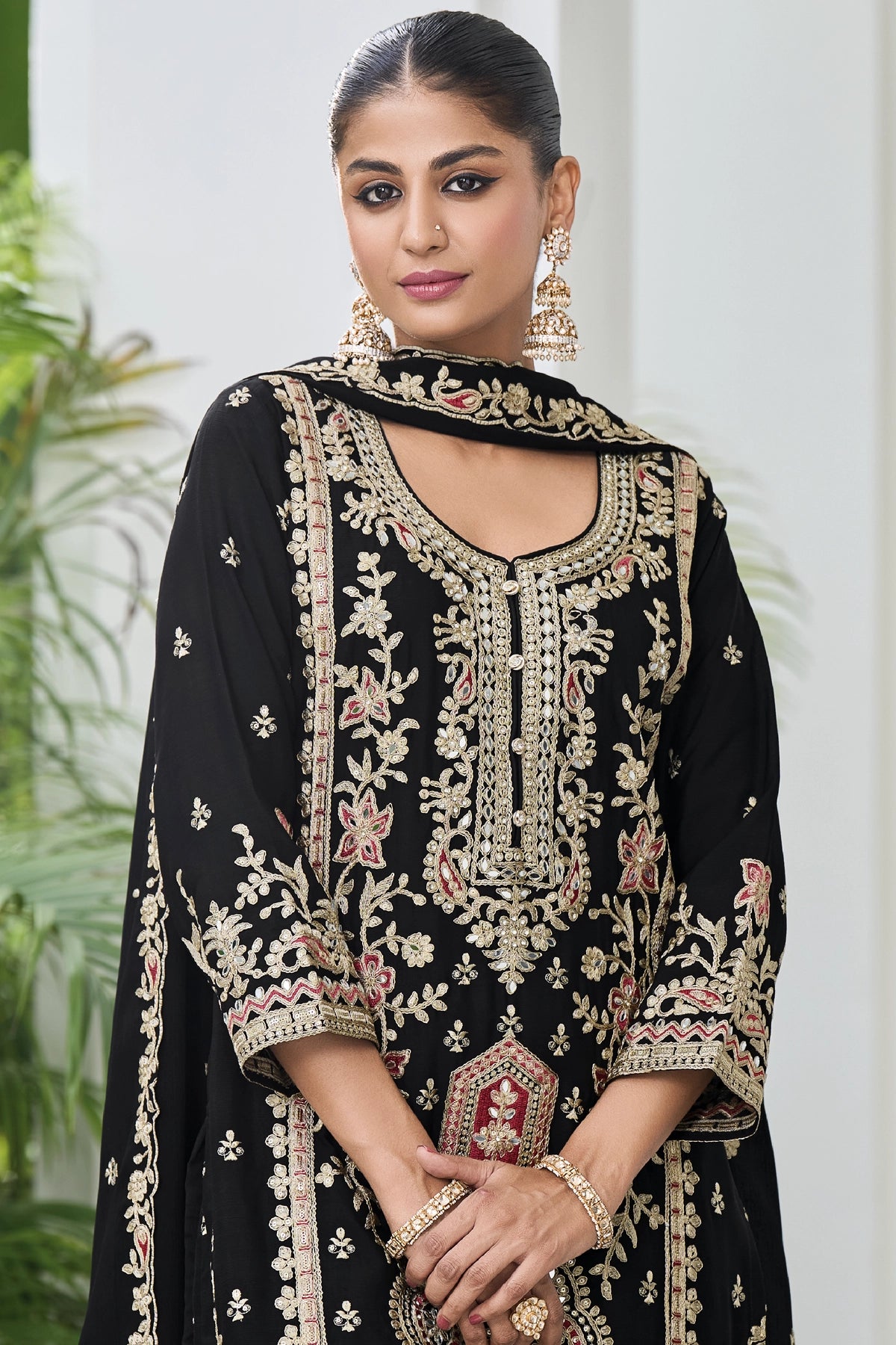 Buy Black Embellished Chinon Silk Palazzo Suit Set at PinkPhulkari 