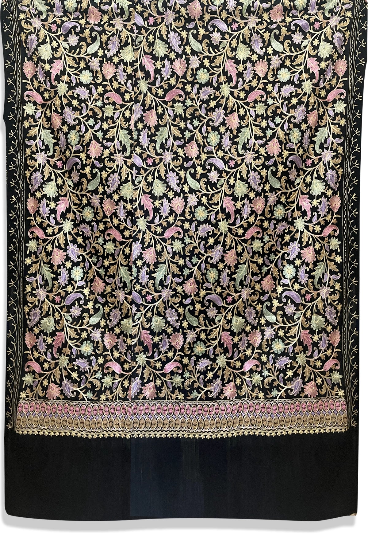 Black Kashmiri Pashmina Fine Wool Ari Work Shawl at PinkPhulkari 