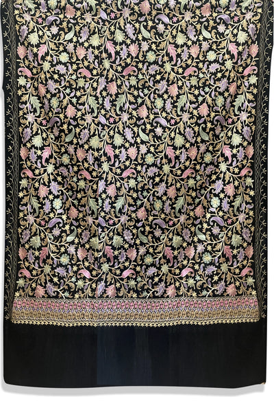 Black Kashmiri Pashmina Fine Wool Ari Work Shawl at PinkPhulkari Black Kashmiri Pashmina Fine Wool Ari Work Shawl at PinkPhulkari 