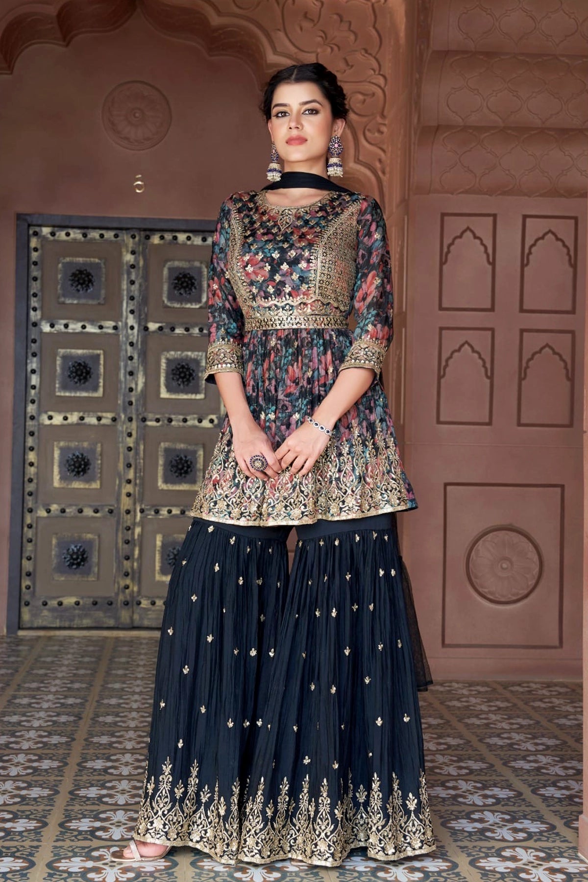 Black Georgette Embellished Floral Print Sharara Set With Choker Dupatta