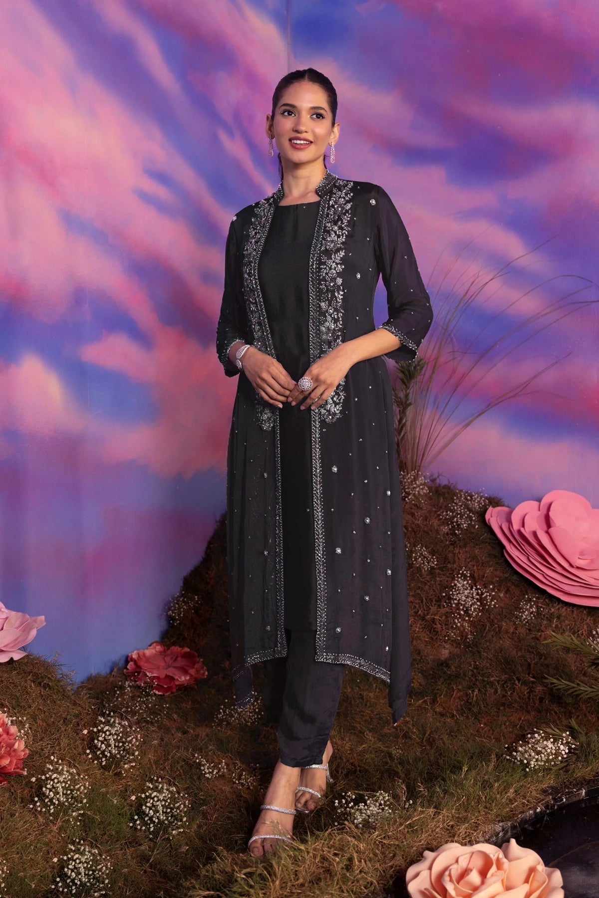 Buy Charcoal Embellished Jacket Style Kurta Set at PinkPhulkari 