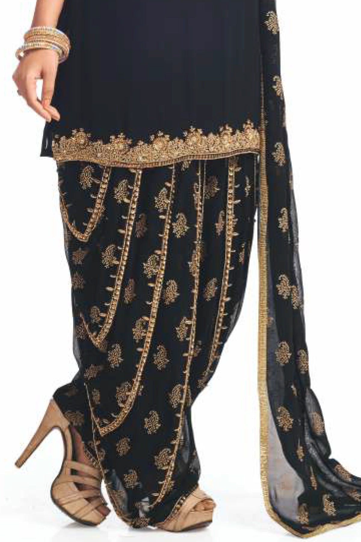 Black Georgette Patiala Dhoti Style Shalwar Suit at PinkPhulkari 