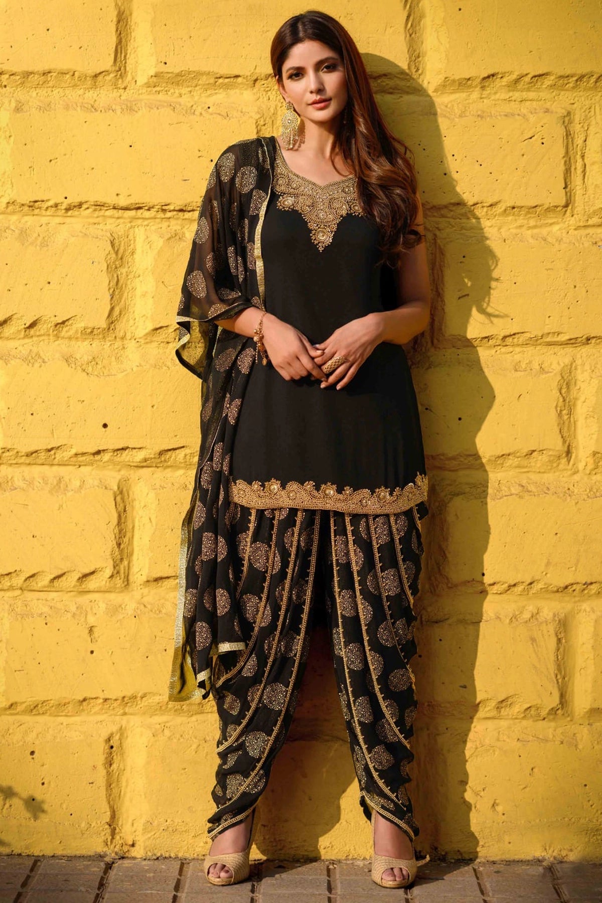 Black Georgette Patiala Dhoti Style Shalwar Suit at PinkPhulkari 