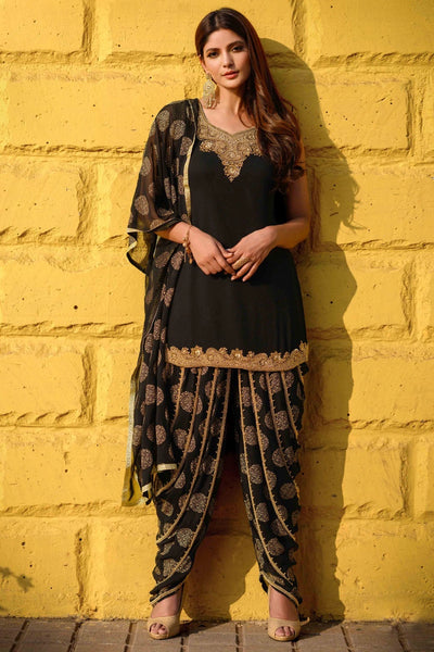 Black Georgette Patiala Dhoti Style Shalwar Suit at PinkPhulkari Black Georgette Patiala Dhoti Style Shalwar Suit at PinkPhulkari 