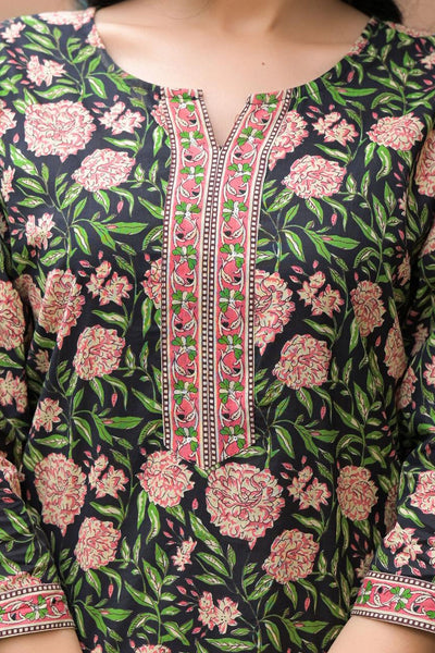 Buy Women's Black Floral Print Cotton Kurta Set with Pants & Dupatta Buy Women's Black Floral Print Cotton Kurta Set with Pants & Dupatta 