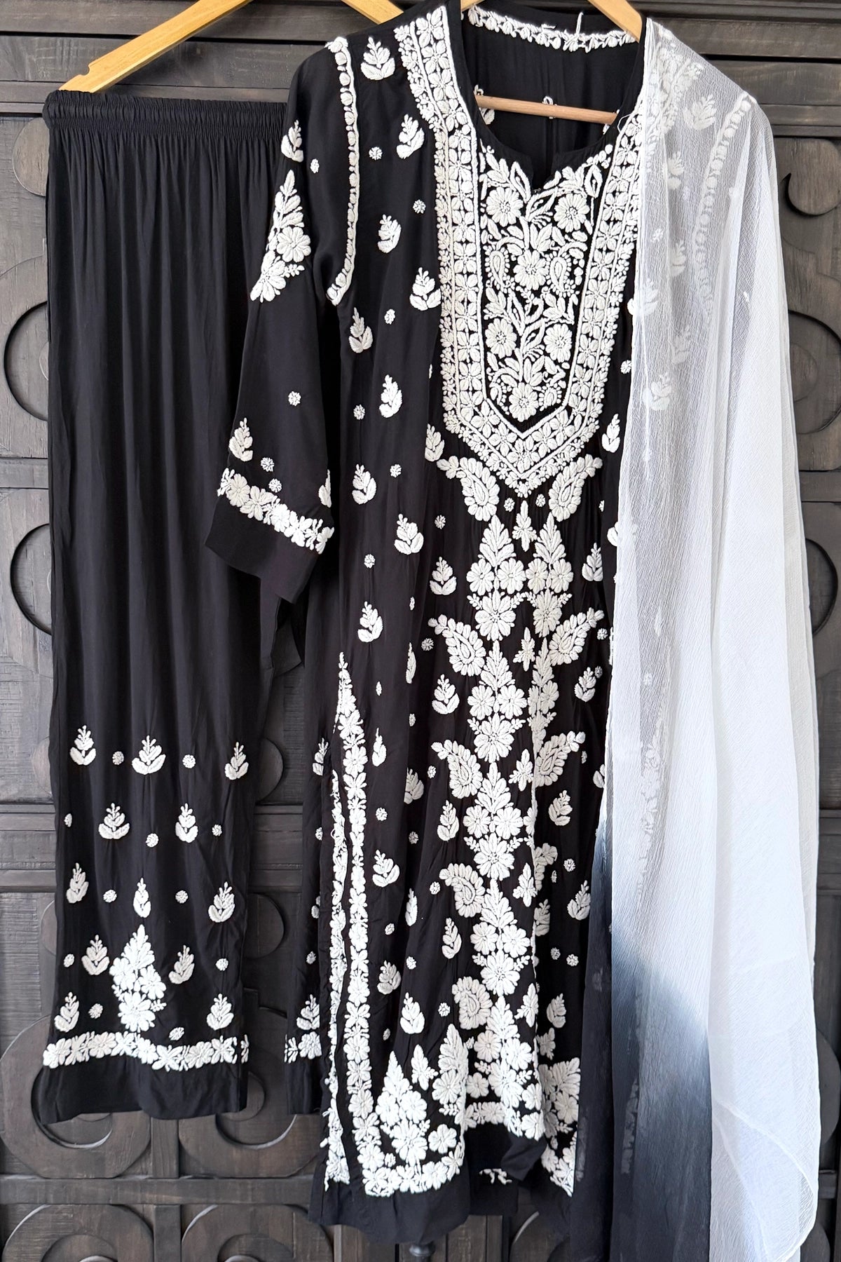 Black Hand Embroidered Lucknowi Kurta Set | Rayon 3-Piece Casual Wear