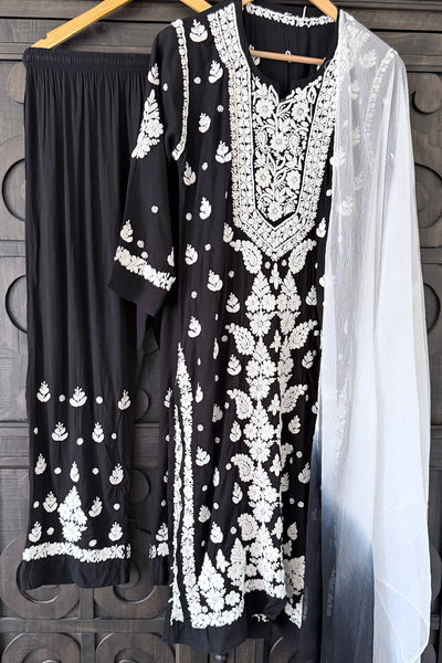 Black Hand Embroidered Lucknowi Kurta Set | Rayon 3-Piece Casual WearBlack Hand Embroidered Lucknowi Kurta Set | Rayon 3-Piece Casual Wear