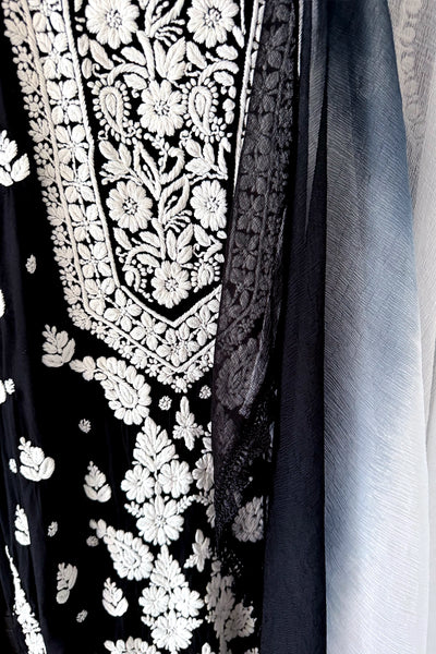 Black Hand Embroidered Lucknowi Kurta Set | Rayon 3-Piece Casual WearBlack Hand Embroidered Lucknowi Kurta Set | Rayon 3-Piece Casual Wear