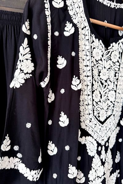 Black Hand Embroidered Lucknowi Kurta Set | Rayon 3-Piece Casual WearBlack Hand Embroidered Lucknowi Kurta Set | Rayon 3-Piece Casual Wear