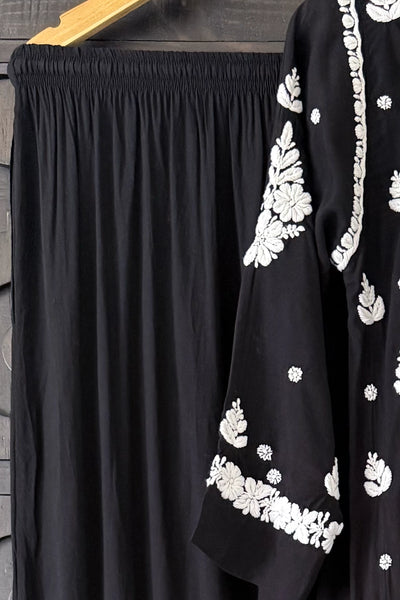 Black Hand Embroidered Lucknowi Kurta Set | Rayon 3-Piece Casual WearBlack Hand Embroidered Lucknowi Kurta Set | Rayon 3-Piece Casual Wear