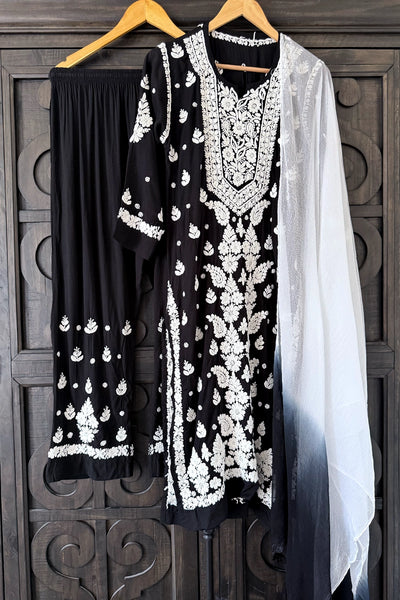 Black Hand Embroidered Lucknowi Kurta Set | Rayon 3-Piece Casual Wear