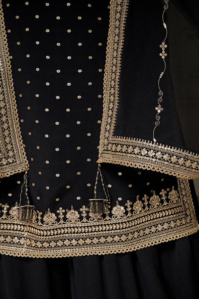 Black chinon fabric suit with gold embroidery and embellishmentsBlack chinon fabric suit with gold embroidery and embellishments