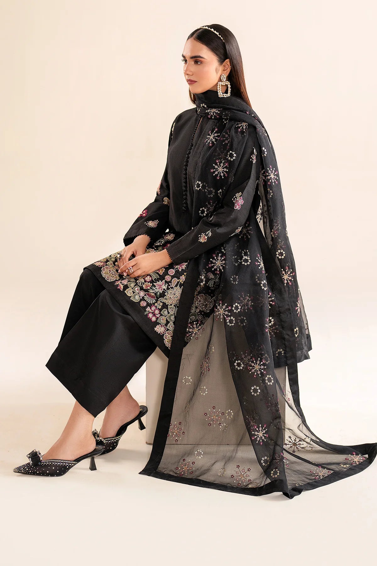 Buy Black Embroidered Silk Designer Suit at PinkPhulkari California