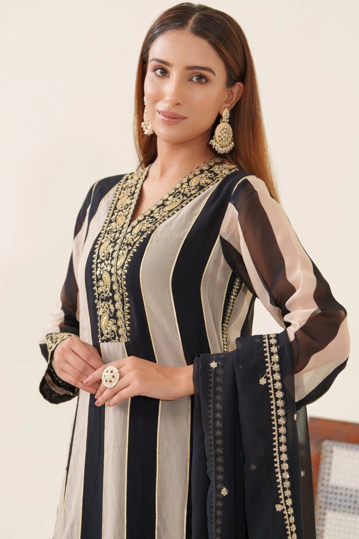 Black Organza Embroidered Stripe Pattern Kurta Pant & Dupatta Set