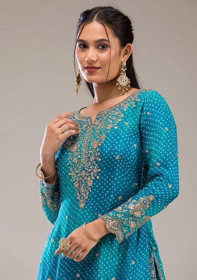 Woman wearing a teal embroidered traditional sharara outfit with gold jewelry against a gray backgroundWoman wearing a teal embroidered traditional sharara outfit with gold jewelry against a gray background