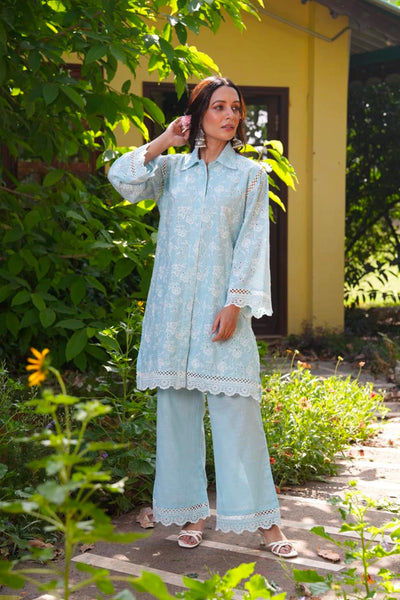 Buy Women's Light Blue Schiffli Kurta And Pant Set at PinkPhulkari 