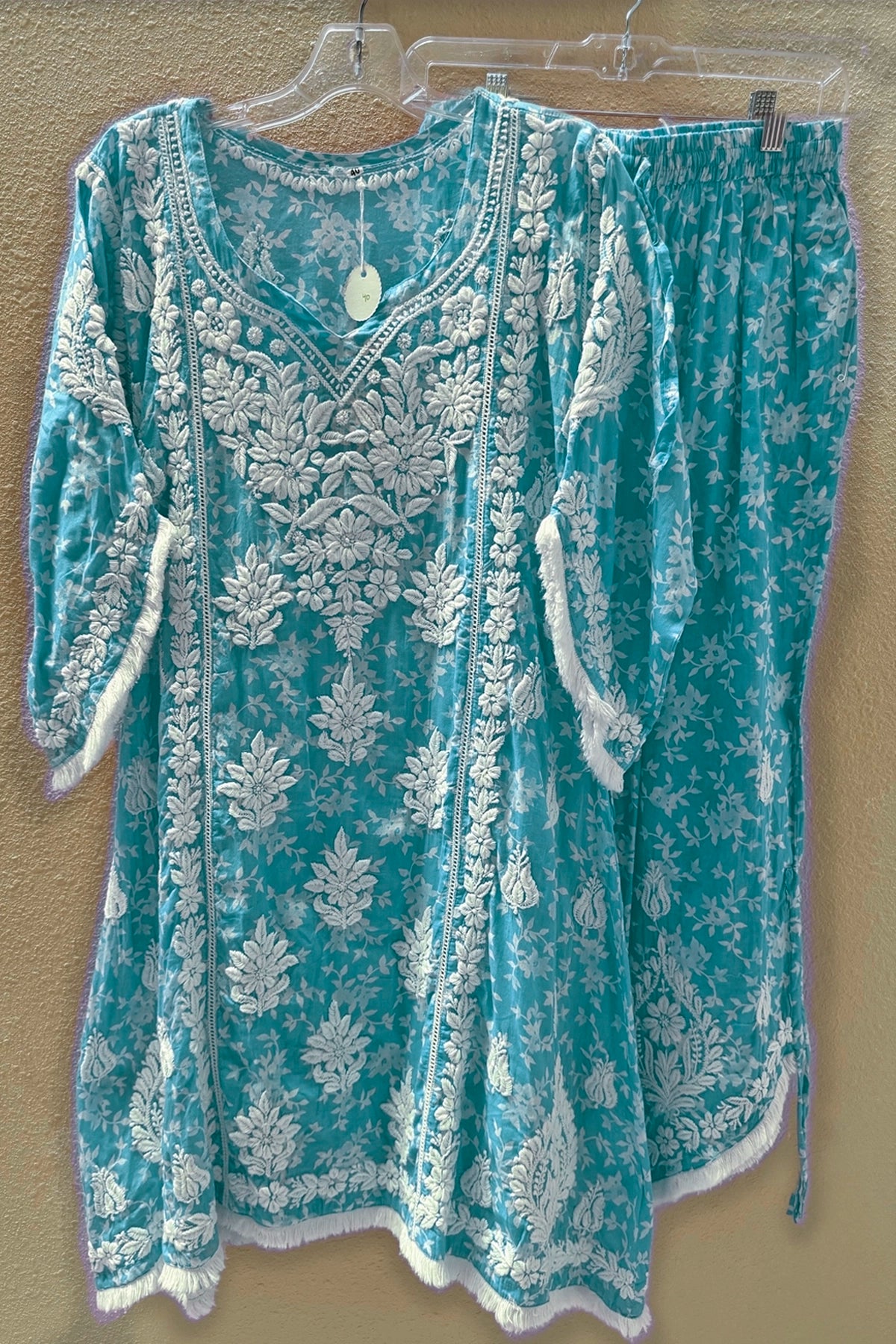 Blue Floral Print Lucknowi Tulip Pant Kurta Set