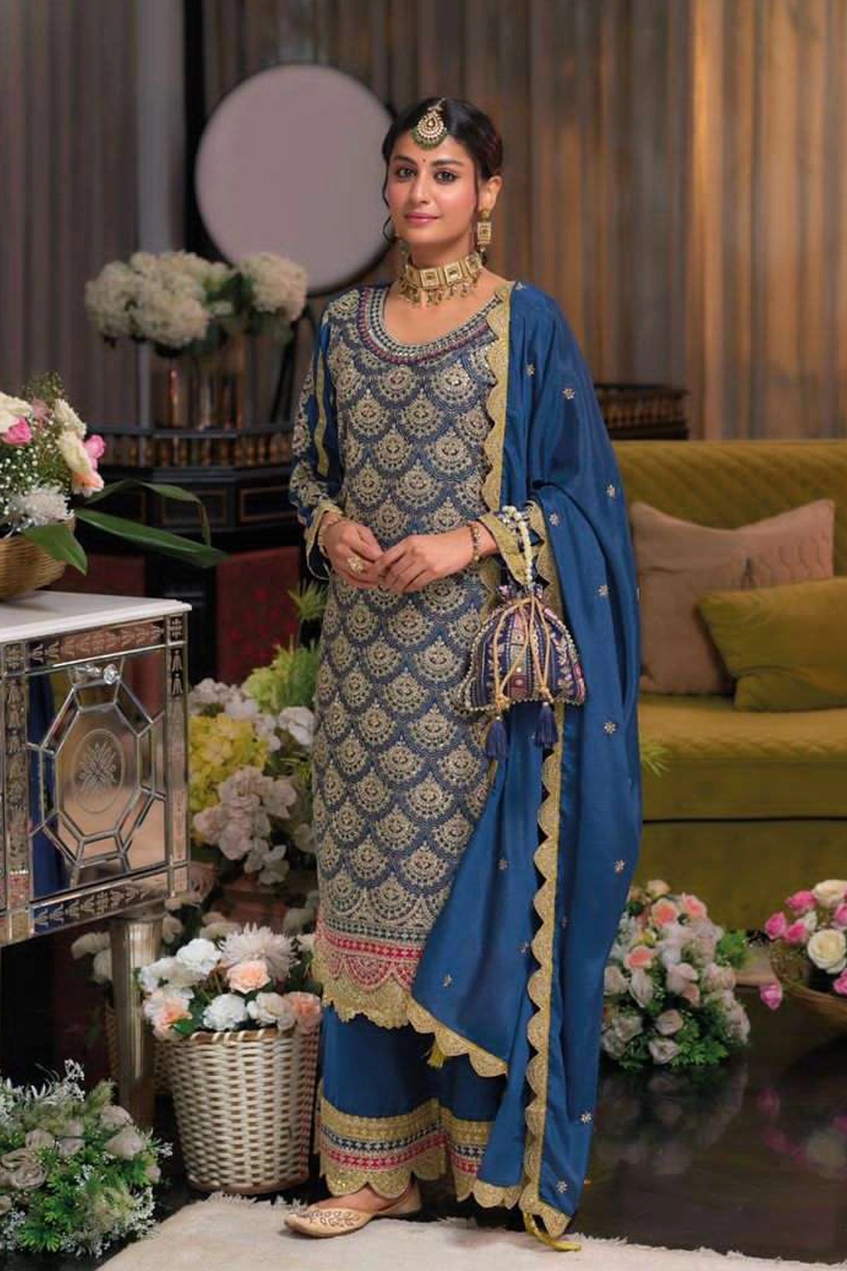 Blue Chinon Silk Embroidered Kurta Palazzo Set