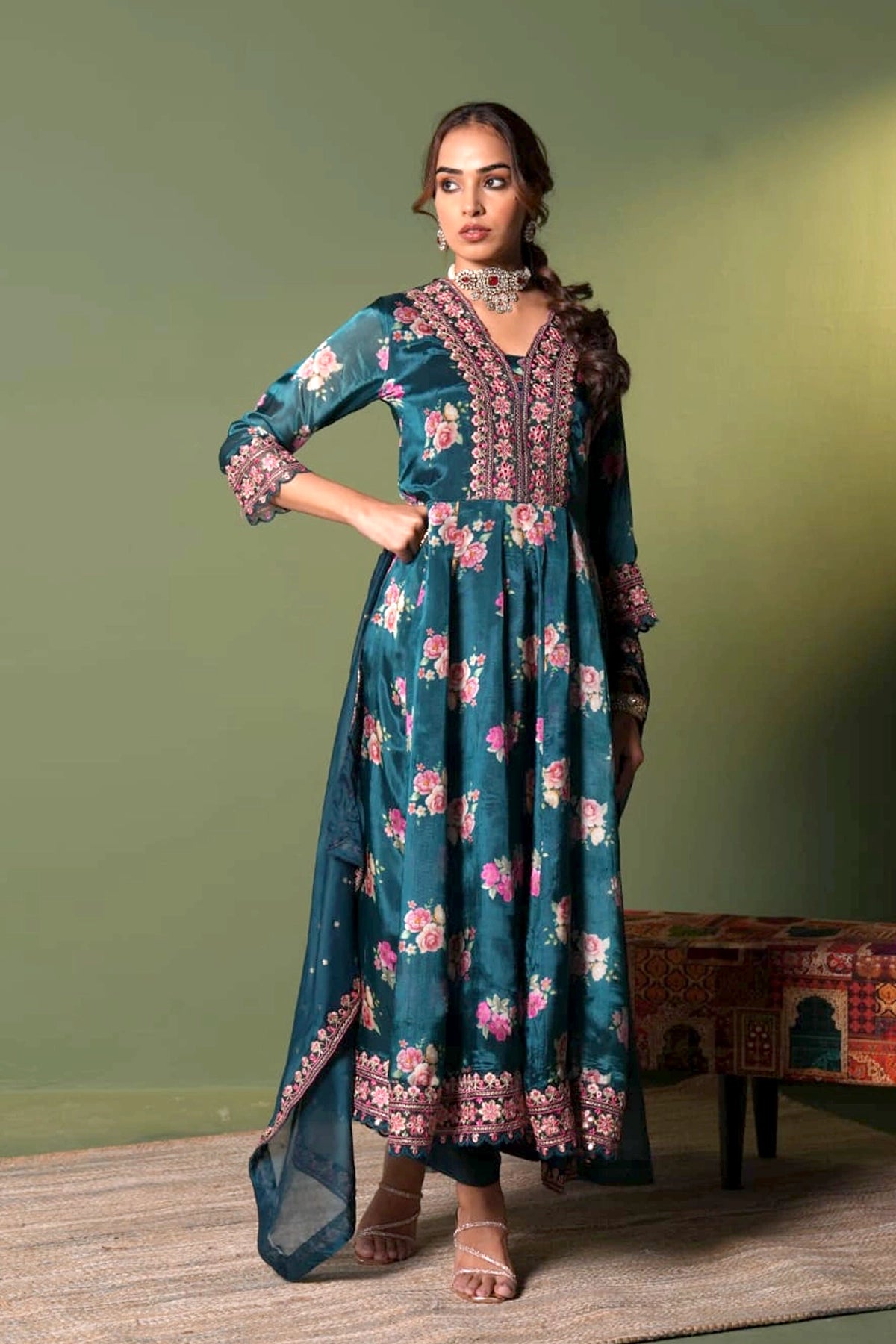 Buy Teal Blue Chinon Silk Floral Print Embroidered Anarkali Suit Set