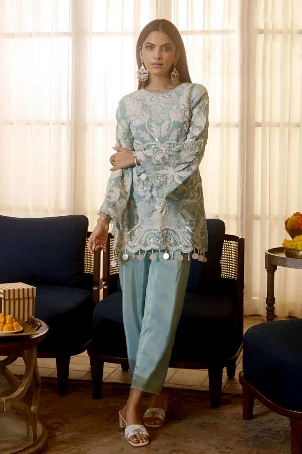 Light Blue Chinon Silk Embroidered Co-ord Set