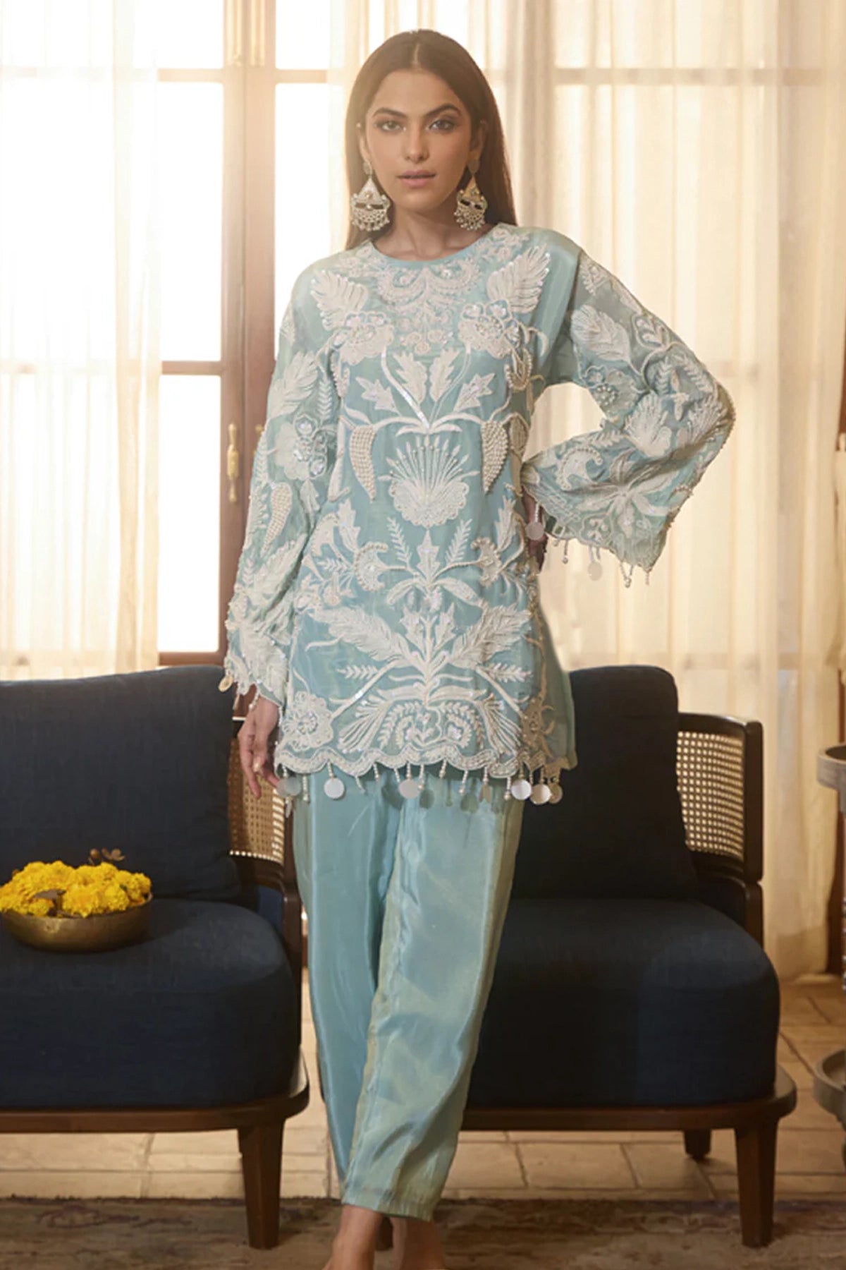 Light Blue Chinon Silk Embroidered Co-ord Set