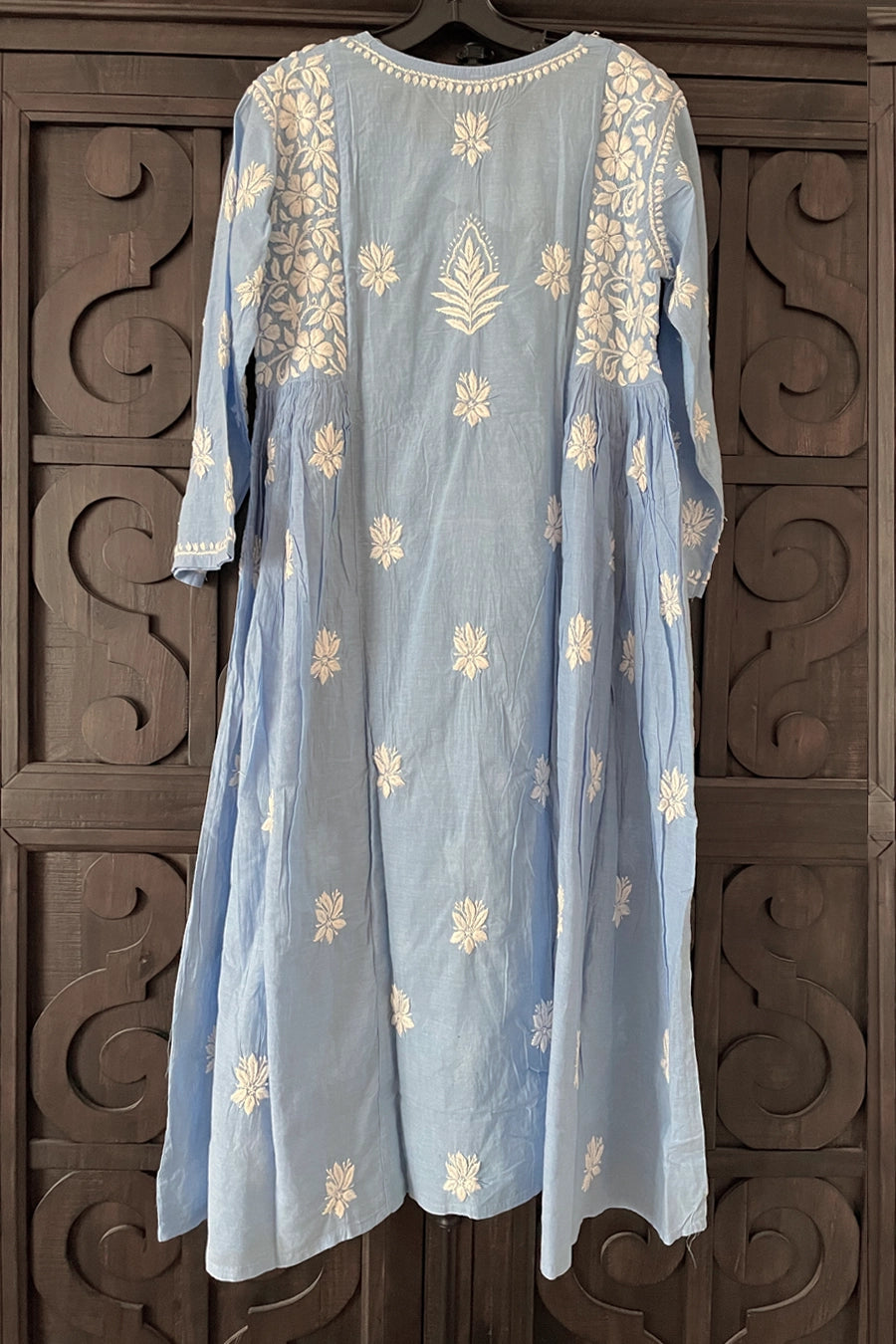 Buy Blue Cotton Lucknowi Chikankari A Line Kurta Dress Online