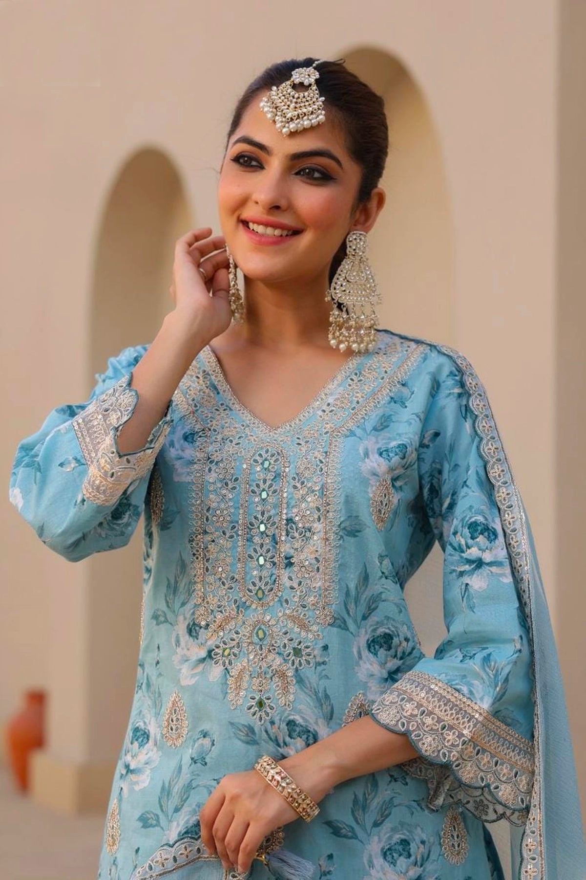 Blue Embroidered Cotton Kurta Set with Tie-Dye Dupatta for Women