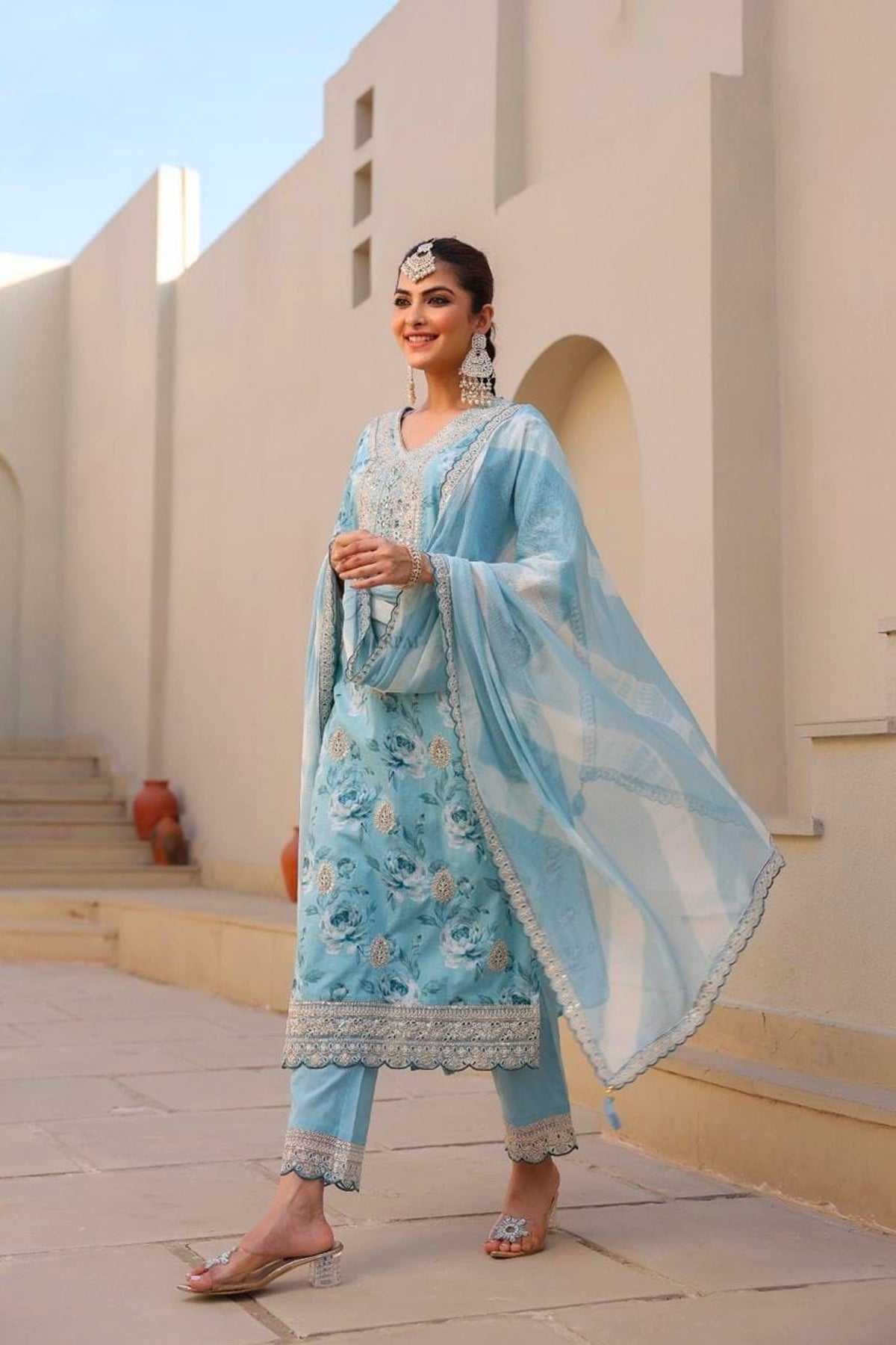 Blue Embroidered Cotton Kurta Set with Tie-Dye Dupatta for Women